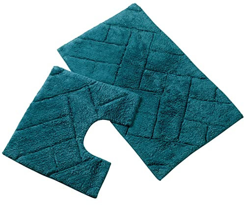 Olivia Rocco Bali 2 Piece Bath Mat Set Super Soft 100% Cotton Easy Care Plush Bath Rug + Toilet Mats Water Absorbent Pedestal Bathmat For Bathroom Toilet Shower, Teal
