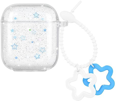 Newseego Custodia per Airpods 1/2 per Ragazze Donne, Cover Trasparente con Motivo a Stelle Glitterate con Portachiavi Carino Custodia Protettiva Antiurto in TPU Morbida per AirPods 1/2-Blu