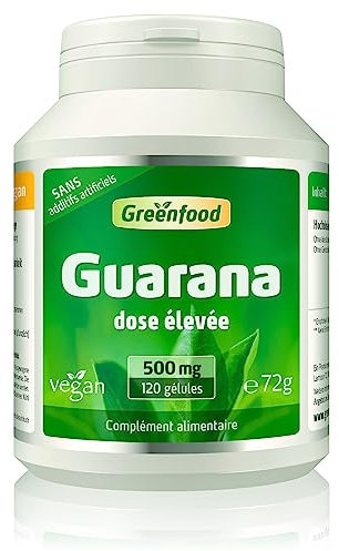 Greenfood Guarana, 500 mg, dose élevée, pur, 120 gélules, végan. Contient de la caféine naturelle, l'équivalent d'une tasse de café. Sans additifs artificiels. Capsules végétaliennes.