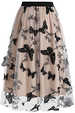Damen T?llrock Langes Schmetterling Stickerei Rock Elegant Elastischer A-Linie Lagenrock T?ll Midir?cke Hohe Taille L?ssige M?dchen Rock Vintage 50er Meshrock Sommerrock Maxirock Aprikose S