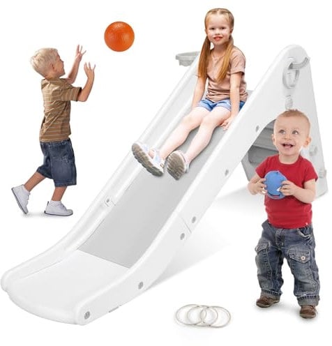 Toboggan Interieur Enfant avec Panier de Basket, 190CM Toboggan Enfant Bebe, Exterieur Toboggan de Jardin avec Poignées et Escaliers, Toboggan pour Aire de Jeux Intérieure Extérieure, Gris et Blanc