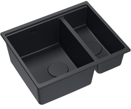 QUADRON fregadero de doble seno Fregadero de cocina | tamaño 55,5 x 46 x 22 cm, carbón puro | LOGAN 150 granito fregadero de granito | mueble bajo a partir de 60 cm | fregadero bajo encimera