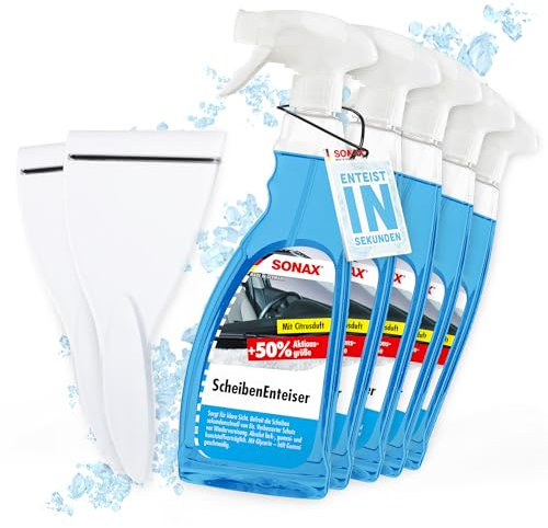detailmate Auto Scheibenenteiser Set | 5X Sonax Scheiben Enteiser Spray 750ml für Autoscheiben + 2X Eiskratzer | Enteiserspray für klare Sicht