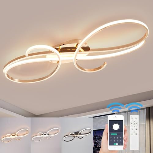 WSXEDC Moderne LED Kreative Deckenleuchte, Dimmbare Metall Chrom für die Augenpflege Deckenlampe Mit Fernbedienung für Wohnzimmer Schlafzimmer Esszimmer Flure Gold 100cm