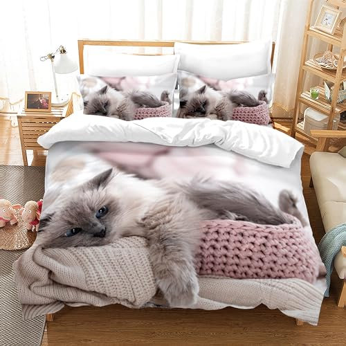 KAIDAARTLH Katze Bettwäsche Set 135x200cm, Katzenmotiv Mikrofaser Bettbezug, 3D-Druck Bettwäsche-Sets 3teilig mit Reißverschluss, für Mädchen Jungen (C, 135x200cm)
