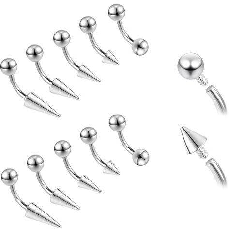 ZS Augenbrauen-Piercing-Schmuck, Innengewinde, gebogen, vertikal, Labret-Lippenringe, Spikes, Tragus, Helix, Ohrring, Nasenbrückenringe, 10 Stück, 16 G/18 G