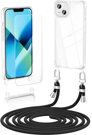 Anshow Verbesserte Handykette für iPhone 13 Hülle mit Band + 1 Schutzfolie, Necklace Stoßfest Handyhülle iPhone 13 Case Transparent Schutzhülle zum Umhängeband Abnehmbar, Schwarz