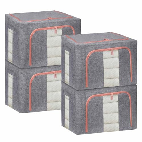DAWNTREES 4 Pack Clothes Storage Boxes,Foldable Steel Frame,Clothing Storage Bins with Lid,Linen Storage Box With Clear Window,Zippers,Durable Handles