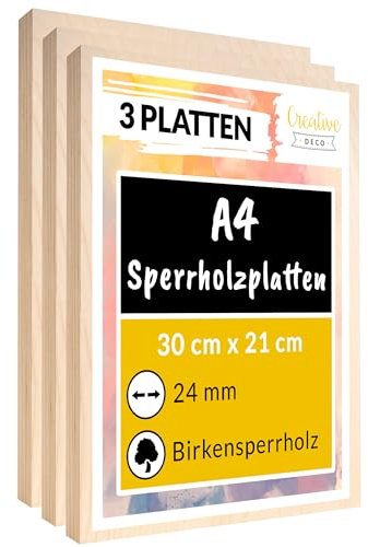 Creative Deco 3 x A4 Sperrholzplatte 24mm | 300 x 210 (+/- 0,5) mm | Birkensperrholz Dünne Holz-Zuschnitte | Perfektes Blatt für Laubsäge, Brandmalerei, Laserschnitt, CNC Router