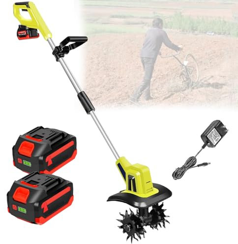 Quixnova Electric Garden Tiller Cultivator with 2 X 4000Mah Rechargeable Battery and Charger, 20V Cordless Garden Rotavator 25cm Working Width, 22cm Tilling Depth
