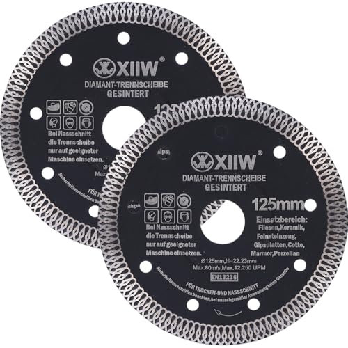 2x Diamanttrennscheibe Ø125mm Trennscheiben, 10mm Segment, Schnittbreite von ca. 1,4 mm, extra dünn Turbo Winkelschleifern Diamant-Trennscheibe für Beton Fliesen Granit