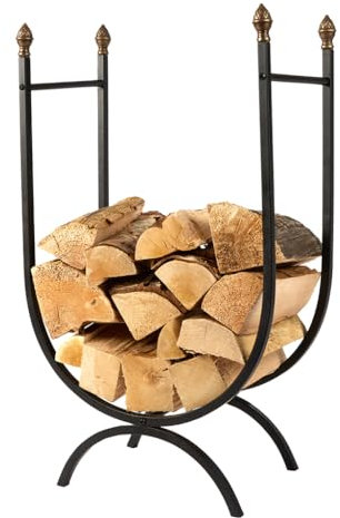 Dibor Curved Log Basket Recycled Cast Iron Log Store Wood Basket Log Rack with Brass Acorn Finial Decorations Vintage Style Footed Kindling Storage for Log Burners, Fireplaces & Stoves