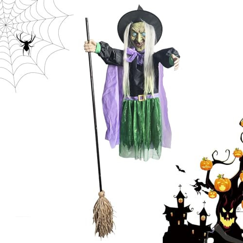BommFu Fliegende Hexe Auf Besen | Fliegende Hexe Halloween- | Animatronics Halloween Requisiten Mit Leuchtenden Augen - Gruselige Fliegende Hexen Dekoration Für Spukhäuser