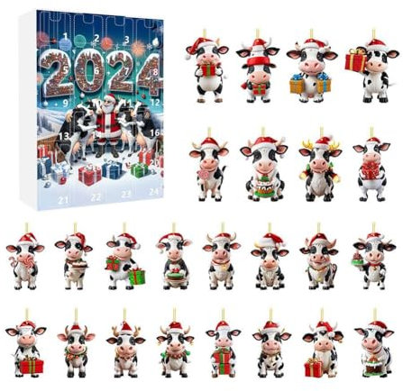 2024 Adventskalender mit Kuh, 24 Tage, Adventskalender, Ornamente, Anhänger, Weihnachten, Chr, Kuh