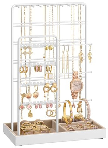 SONGMICS Schmuckständer, Schmuckhalter, Metallrahmen, Schmucktablett Samt, Schmuckaufbewahrung für Halsketten Armbänder Ohrringe Ohrstecker Ringe, Geschenkidee, mattweiß-kamelbraun JJS028W01