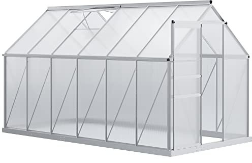 Outsunny Serre de Jardin en Polycarbonate 7,1 m² dim. 1,9L x 3,75l x 1,99 m avec Fondation, Lucarne réglable, Porte coulissante - Argent et Transparent