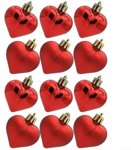 Set mit 12 Weihnachtskugeln in Herzform, ideal für Innen- und Außendekoration (rot)