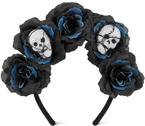 Epokus Dia de Los Muertos Haarreif,Halloween Stirnband Mexikanische,Schwarz Blumen Kopfschmuck,Haarschmuck Cosplay Zubehör für Karneval und Fasching,Festival Parteien
