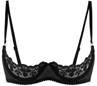 Raenseen Women's 1/4 Cup Sheer Lace Bra Unlined Tops Push Up Underwired Sponge No Padded Bralette Black S