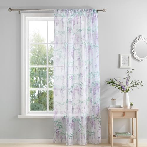 Dreams & Drapes Scheibengardine für Fenster, 140 x 182 cm, Violettes Blumenmuster, weißer Voile-Vorhang für Schlafzimmer und Wohnzimmer, weiße transparente Vorhänge, Violett