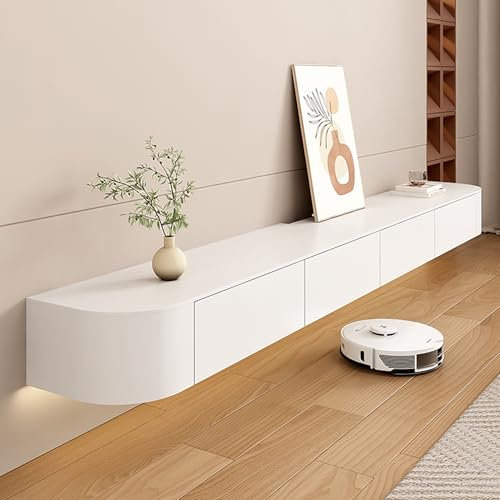 Meuble TV Suspendu, Meuble TV Flottant, Noir Meuble Télévision Mural en Bois Massif avec 2 Tiroirs, Design Élégant et Suspendu, Étagère de Rangement pour Salon ou Chambre (Blanc, 220cm)