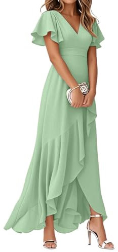Minetom Robe De Soirée pour Mariage Invité Longue Femme Col V Mousseline A Line Manches Courtes Plissé Fendue Fluide A Vert Clair M