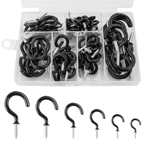 DAVIDJAMESCLARKE 80 Stück Schraubhaken Schwarz 6 Größen Deckenhaken Set Haken Zum Schrauben,Vinyl Beschichtet Cup Haken Set Hakenschrauben