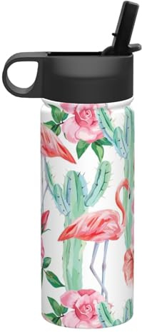 Edelstahl-Wasserflasche mit Strohhalm, Motiv: Kaktus, Flamingo, Rose, Blumen, 530 ml, für Outdoor, Fitnessstudio, Pendeln