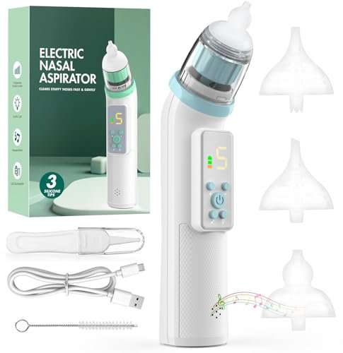 YSWOVUO Nasensauger Baby Elektrisch mit 5 Saugstufen, Elektrischer Nasensauger Baby Staubsauger, USB Aufladbar mit 3 Silikondüsen und Pinzette, Musikfunktion und Farblichtern, mit Display