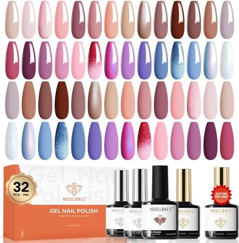 Modelones UV Nagellack Set 32 Pcs, 28 Farben Braun Rosa Nude Lila UV Gel Nagellack mit Base Coat, Matte& Glossy& Glitter Top Coat, Gellack Set Soak Off Starter Manicure Valentinstag Gift,7ml