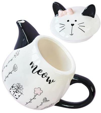 HEALLILY Teiera in ceramica a forma di gatto, per la casa, portatile, con manico ergonomico, design adorabile in bianco e nero per gli amanti dei gatti e gli appassionati di tè