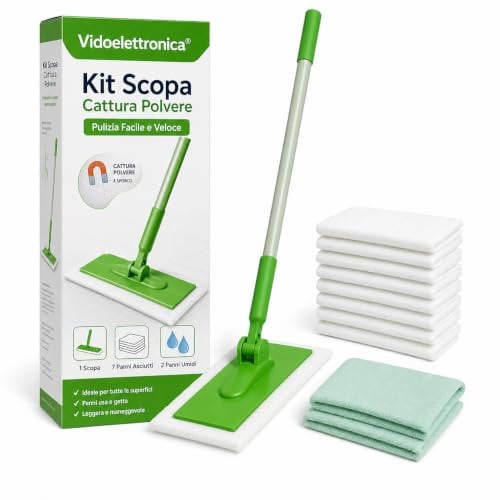 Vidoelettronica® Scopa Cattura Polvere Verde, Kit con 7 Panni Asciutti + 2 Panni Umidi, Raccoglipolvere per Pavimenti, Parquet, Piastrelle, Casa e Ufficio (kit scopa)