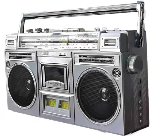 Retro Cassette Boombox with AM/FM Radio & Tape Player, Bluetooth, USB/SD Input, Converts Cassettes to USB/SD, Vintage Design