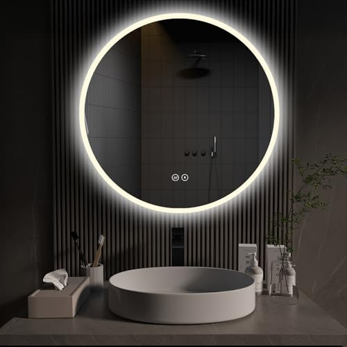 ApeJoy 80cm Badspiegel mit Beleuchtung Rund und mit Antibeschlag, Badezimmer Runder Spiegel mit Licht und mit Touch-Schalter, Memory Funktion, LED Licht Weschel 2700-6500K Warmweiß-Kaltweiß-Neutral