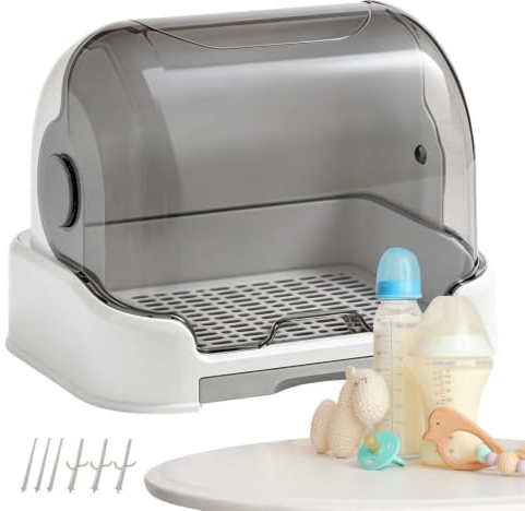 Baby Bottle Organizer | Nursing Bottle Storage Box Drying Rack with Cover - Dustproof Case Portable Container for Cabinet Dish Pacifier Teether Travel Feeding Cutlery Cup