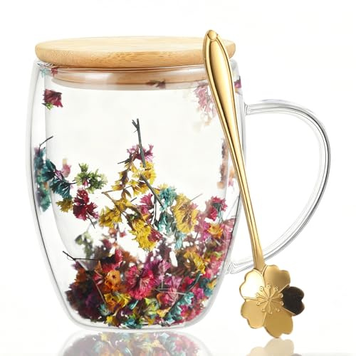 Wsndyjia 350ml Dried Flower Double Walled Glass Mug with Spoon and Lid, 12oz Glass Coffee Mugs with Dry Flowers, Insulated Heat Resistant, Gifts Ideas for Women, Friend