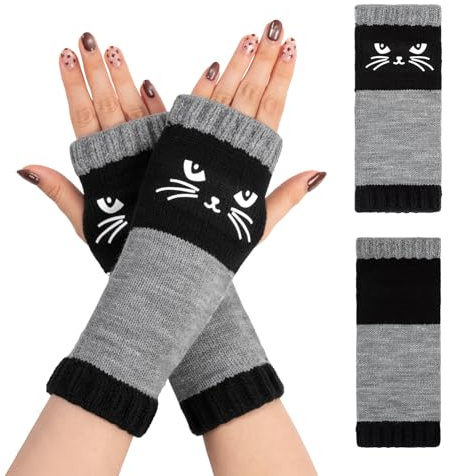 Youkly Fingerlose Handschuhe, Warme Weiche Katzenmuster Strickhandschuhe | Strickhandschuhe mit Offenen Fingern für Damen & Mädchen, Winter Outdoor Accessoire für Katzenliebhaber