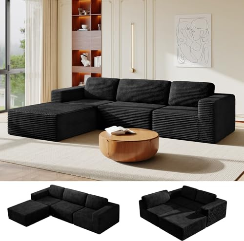 Vesgantti 303 cm Groß Modulares L-förmiges Ecksofa mit Schlaffunktion, 3‑Sitzer Cordsofa mit Federkern, Extra Tiefe Sitzfläche, Boneless Schlafcouch, Für Wohnzimmer, Ohne Montage, Schwarz