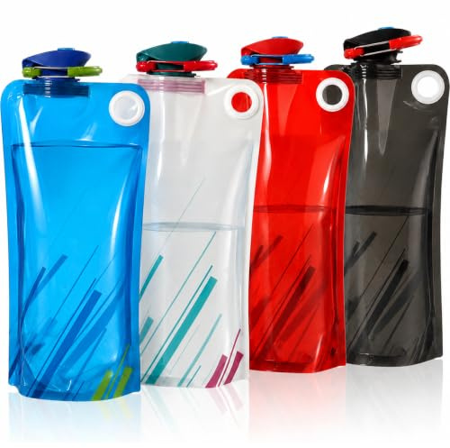 Lot de 4 gourdes pliables réutilisables de 1000 ml | Avec mousqueton, gourdes flexibles, pliable, pour festival, randonnée, voyage, aventure