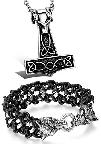 Aroncent Herren Armband Wolf Kette Lederarmband Vintage Armreif Leder Wickelarmband Edelstahl Armband Gotik Halskette Anhänger Hammer Panzerarmband für Herren, Schwarz, Silber