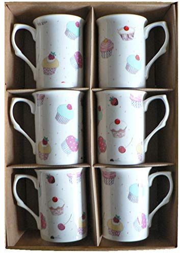 Cupcake Bone China Mugs - Set of 6 Gift Boxed 10oz China Mugs Cupcake Design