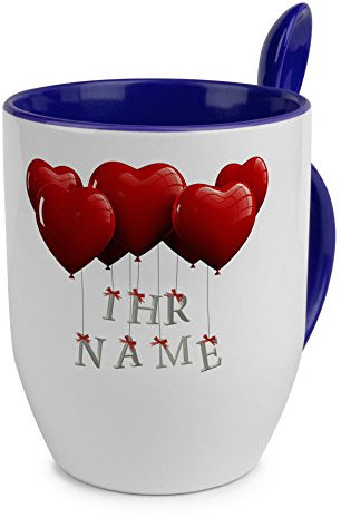 printplanet® Löffeltasse mit Namen personalisiert - Motiv Herzballons individuell gestalten - Farbvariante Blau