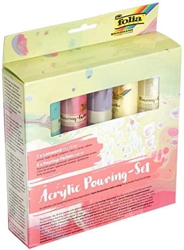 folia 351129 - Acrylic Pouring Set II Pastell, mit 5 Pouring Farben á 60 ml und 1 Leinwand ca. 15 x 15 cm, Acrylfarben mit eingemischtem Pouringmedium