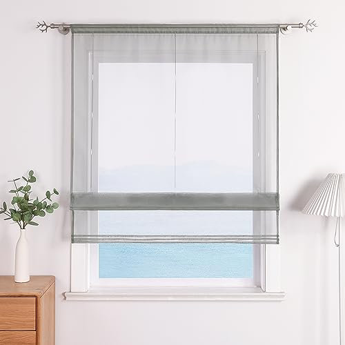 ESLIR Raffrollo Küche Raffgardine mit Tunnelzug Bändchenrollo Weiß Voile Gardinen Transparent Hellgrau BxH 100x155cm 1 Stück