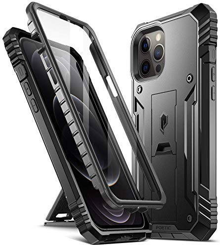 Poetic Revolution Series Case Compatible with iPhone 12 Pro Max 6.7 inch, Full-Body Rugged Dual-Layer Shockproof Protective Cover with Kickstand and Built-in-Screen Protector, Black