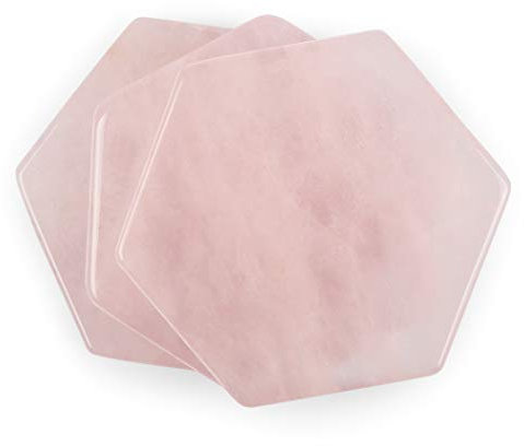 SMQ Untersetzer, 4,6 cm, 3 Stück, natürlicher Rosenquarz, sechseckig, Tassenuntersetzer, kleine Untersetzer, Kaffeepads für Wohnzimmer, Büro, mit Geschenk-Box