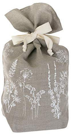 Helen Round Plastic Free, Reusable Natural Linen Bread Bag With Hand Printed Floral Design. Perfect for sourdough, home baked bread and pastries. Made in Cornwall, UK Size 42x28x12cm