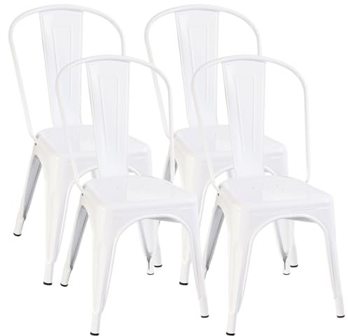 H JINHUI Esszimmerstühle-Set, Weiß, stapelbar, industrielle Metallstühle, Esszimmerstühle, Küchenstühle für Restaurant, Bistro, Terrasse, 4 Stück