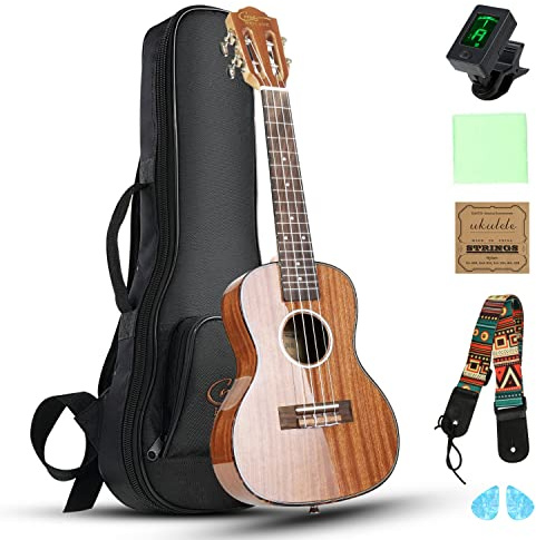 Hricane Konzert-Ukulele, 58,4 cm, UKS-2, 4-saitige Ukulele für Anfänger, Sapeli-Hawaii-Ukulele mit Ukulelenkoffer und Ukulelensaiten-Set (Sapeli-glänzend)