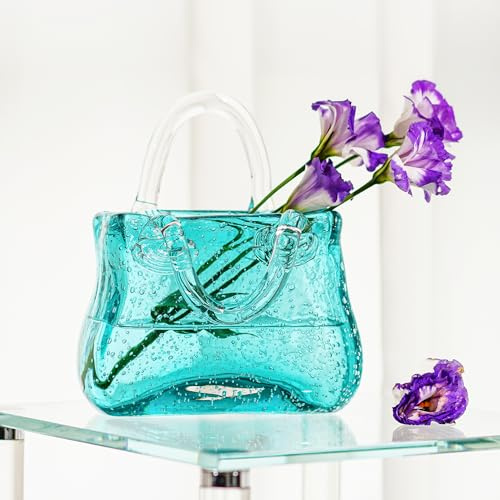 17,8 cm Geldbörsenvase für Blumen, mundgeblasenes Glas, Handtaschenaufsatz, dekorativ, breite Öffnung, Moderne Blasen-Vase für Tafelaufsätze, Dekoration (Himmelblau)